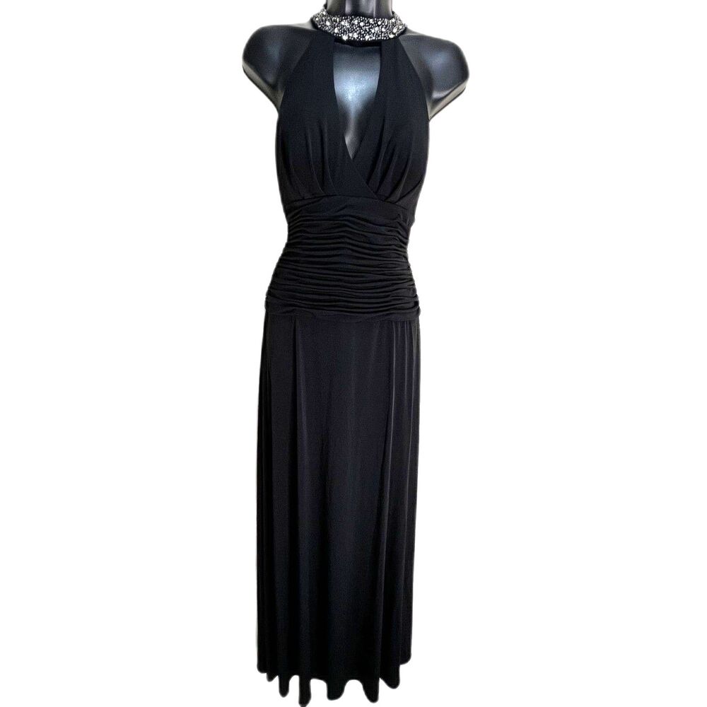 Vintage Carabella Black Beaded Halter Maxi Dress 6 Ruched Formal Evening Y2K
